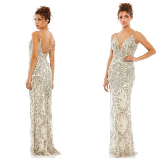 Mac Duggal Embellished Leaf Patterned Evening Gown Silver Nude Size 12 NWT